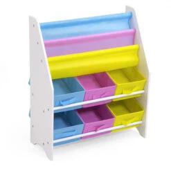 Scaffale Small In Legno Porta Libri E Giocattoli Con 3 Ripiani E 6 Cestoni