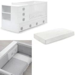 Erbesi Lettino Easy Trasformabile In Scrivania, Comodino E Letto Bambino Con Materasso E Set Piumone Letto Inclusi